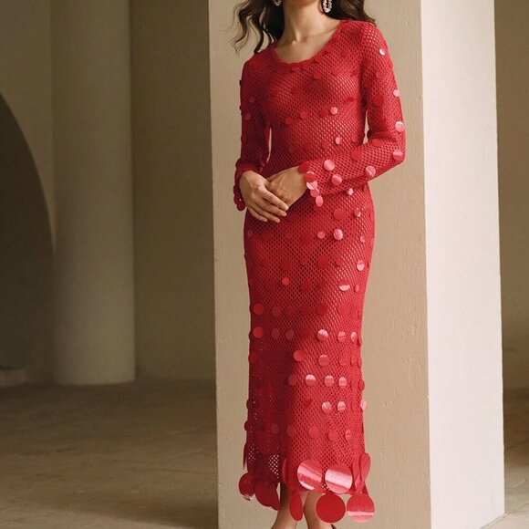 Red Elegant Women's Sequined Crochet Long-Sleeve Dress - Picture 4 of 7